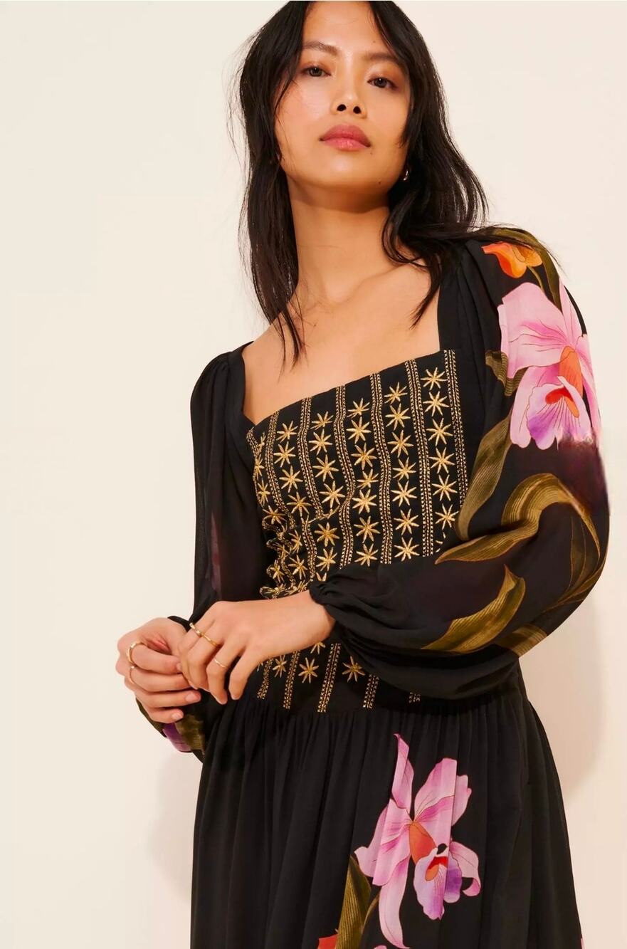 Farm Rio for Anthropologie Floral Long Sleeve Midi Dress . Size M. Ret $210